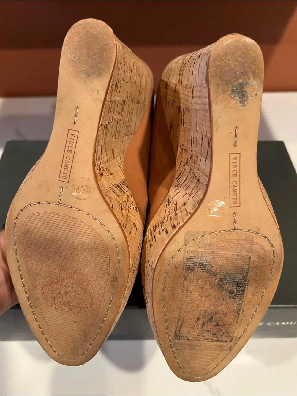 Vince Camuto nude Patent Cork Wedge Pumps